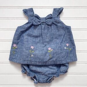JANIE & JACK VGUC Chambray Bloomer Set w/ Floral Embroidery